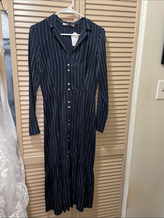becken Dresses & Skirts - Striped Navy Button-Front Long Sleeve Midi Dress